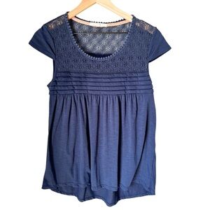 Hint of Mint Blue Babydoll Lace Pintuck Cap Sleeve Knit Top Size L- Y2K Boho